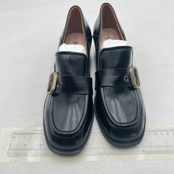 YDN Black Square Toe Loafers Slip on Block Low Heel Pumps Buckle Fashion Shoes - Picture 3 of 8